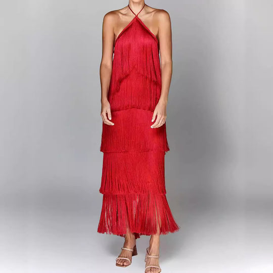 Neckholder-Kleid mit Fransen | Mehrlagiges Design | Eleganter Schwung