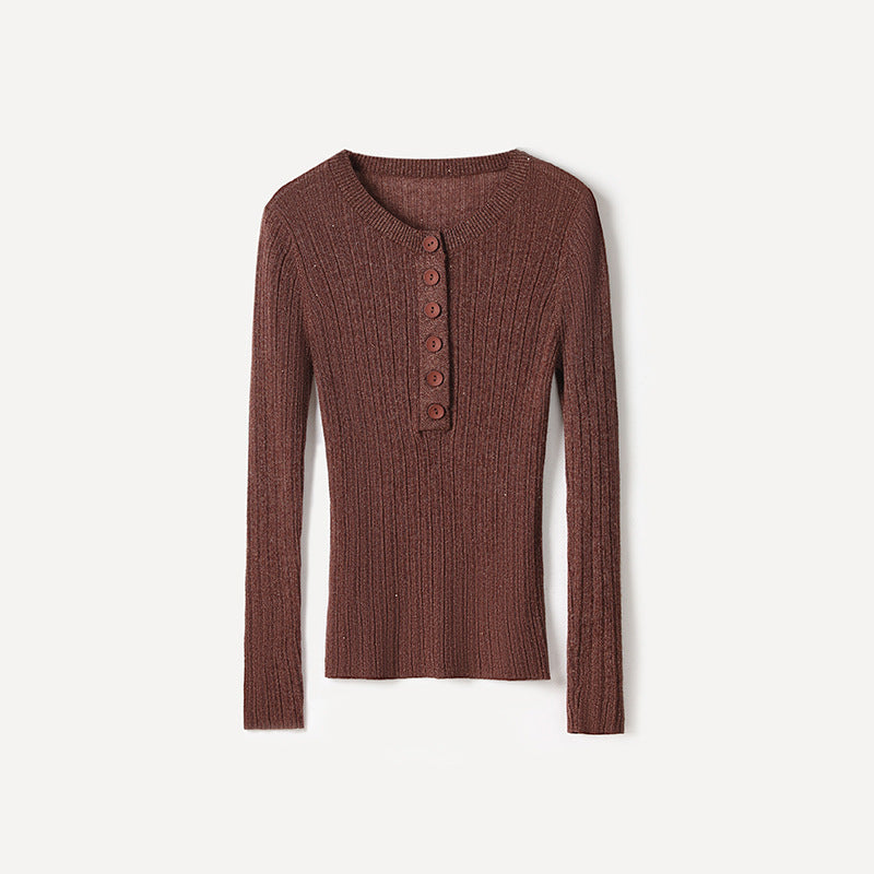 Femme Geripptes Langarm-Henley-Oberteil Heidi-Mode