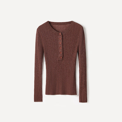 Femme Geripptes Langarm-Henley-Oberteil Heidi-Mode