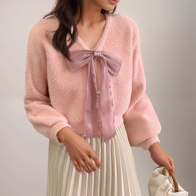 Flauschiger Strick-Cardigan | Elegante Schleife | Femininer Look