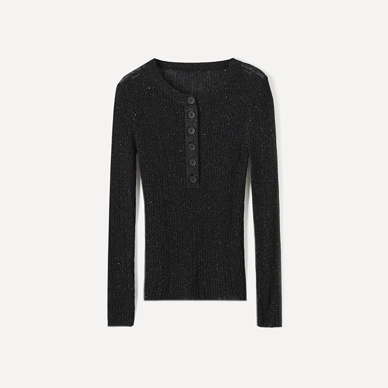 Femme Geripptes Langarm-Henley-Oberteil Heidi-Mode