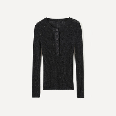 Femme Geripptes Langarm-Henley-Oberteil Heidi-Mode