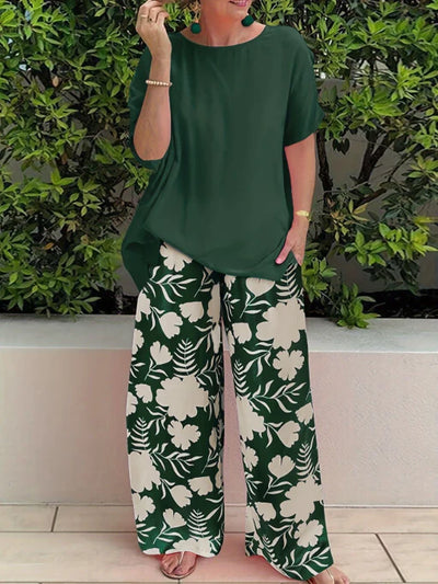 Damen Freizeit Zweiteiler mit Blumenmuster | Weite Hose