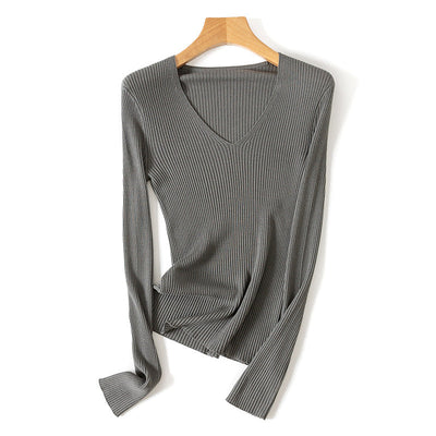 Femme Gerippter Langarm V-Ausschnitt Top Heidi-Mode