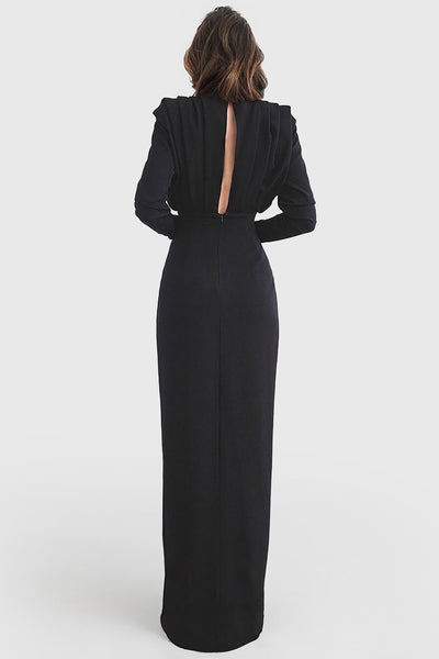 Valeria® | Anspruchsvolles schwarzes langes Kleid mit hohem Schlitz und langen Ärmeln