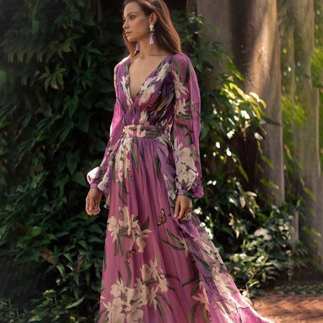 Maxikleid mit tiefem V-Ausschnitt | Blumenprint | Fließende Ärmel
