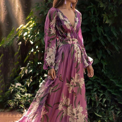 Maxikleid mit tiefem V-Ausschnitt | Blumenprint | Fließende Ärmel