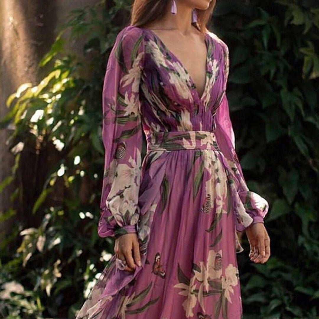 Maxikleid mit tiefem V-Ausschnitt | Blumenprint | Fließende Ärmel