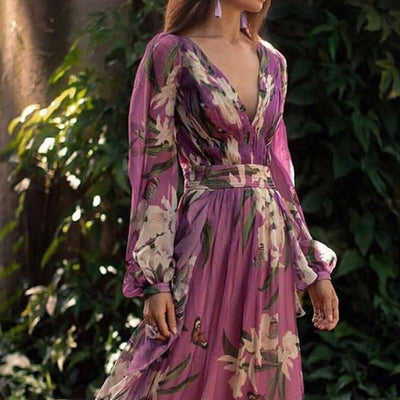 Maxikleid mit tiefem V-Ausschnitt | Blumenprint | Fließende Ärmel