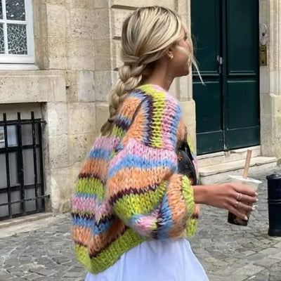 Magdalena | Streifiger, offener Pullover mit Puffärmchen