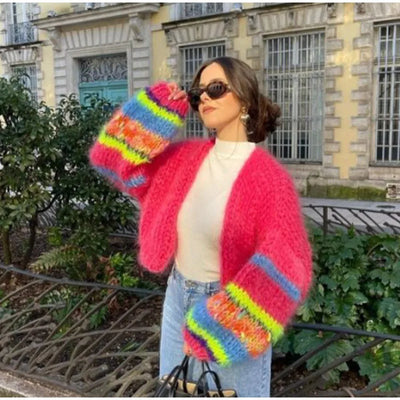 Magdalena | Streifiger, offener Pullover mit Puffärmchen