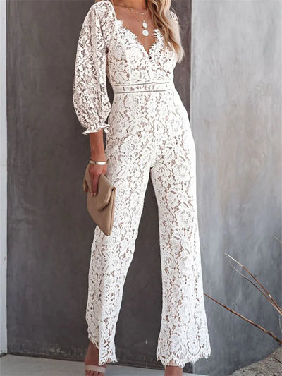Heidi-Mode | Elegante Damen Spitze Weite Beine Hosen Jumpsuits Einfarbig Lange Ärmel Hohe Taille V-Ausschnitt Blumen Overalls Straßenmode