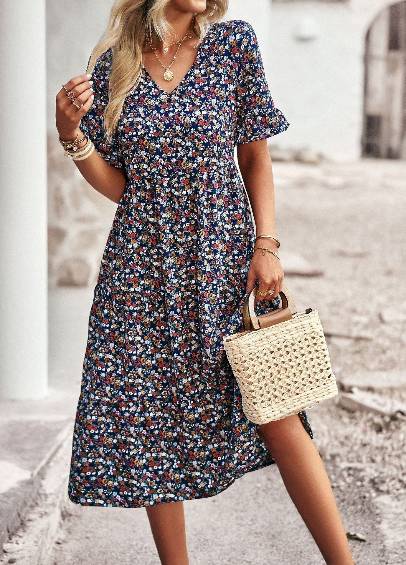 Kathryn - Damen Blumiges Midikleid