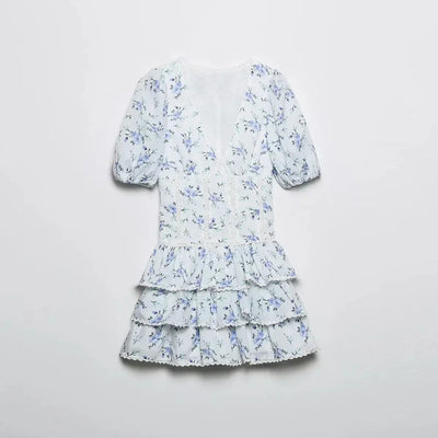 Mini-Kleid mit Rüschen | Florales Muster | Puffärmel