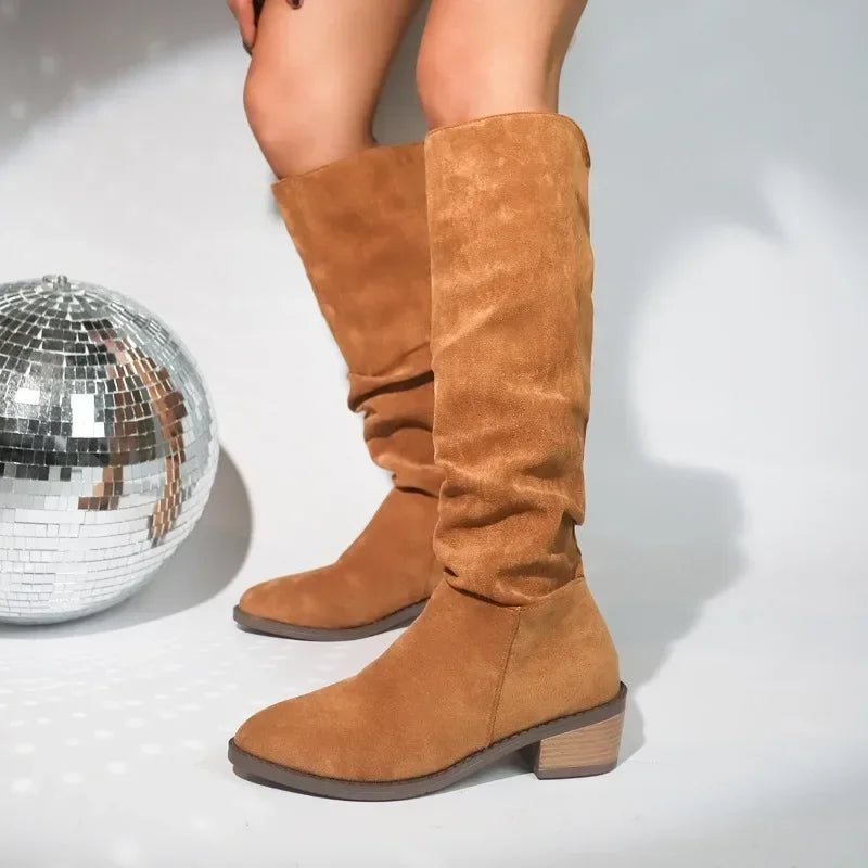 Kniehohe Stiefel | Veloursoptik | Geraffter Schaft