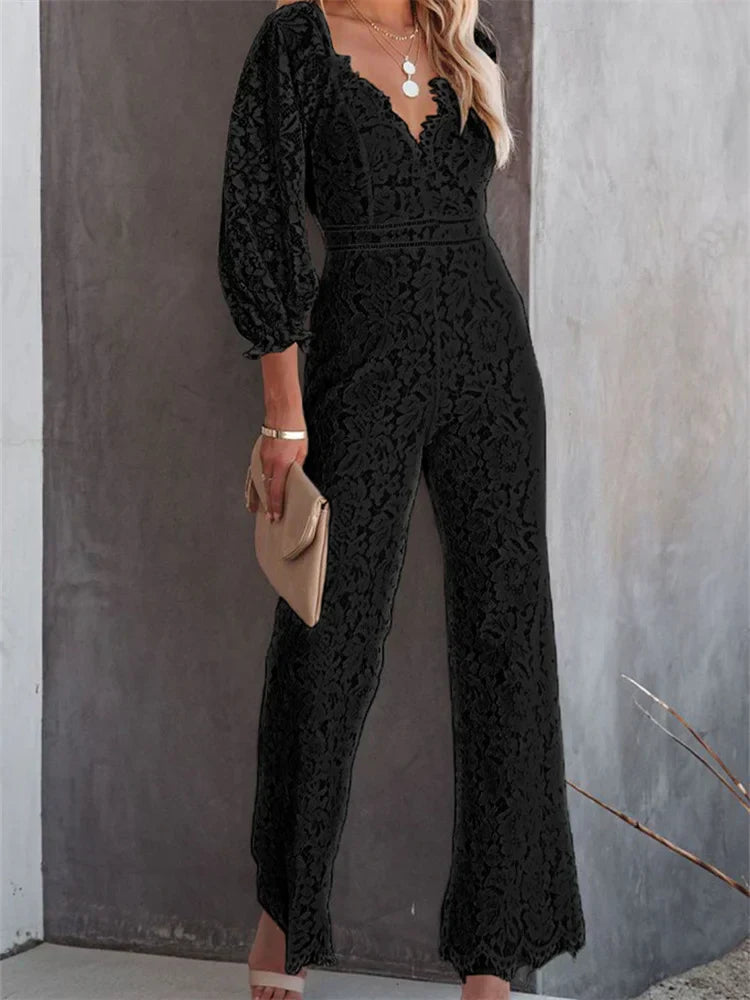 Heidi-Mode | Elegante Damen Spitze Weite Beine Hosen Jumpsuits Einfarbig Lange Ärmel Hohe Taille V-Ausschnitt Blumen Overalls Straßenmode