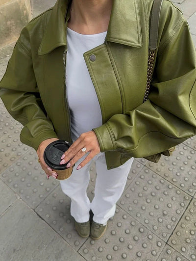 Armeegrün Übergroße Lederjacke