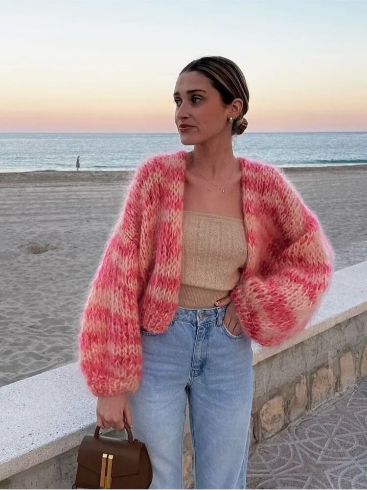 Magdalena | Streifiger, offener Pullover mit Puffärmchen