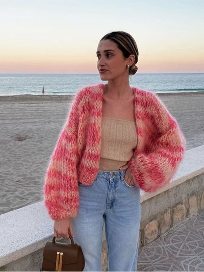 Magdalena | Streifiger, offener Pullover mit Puffärmchen