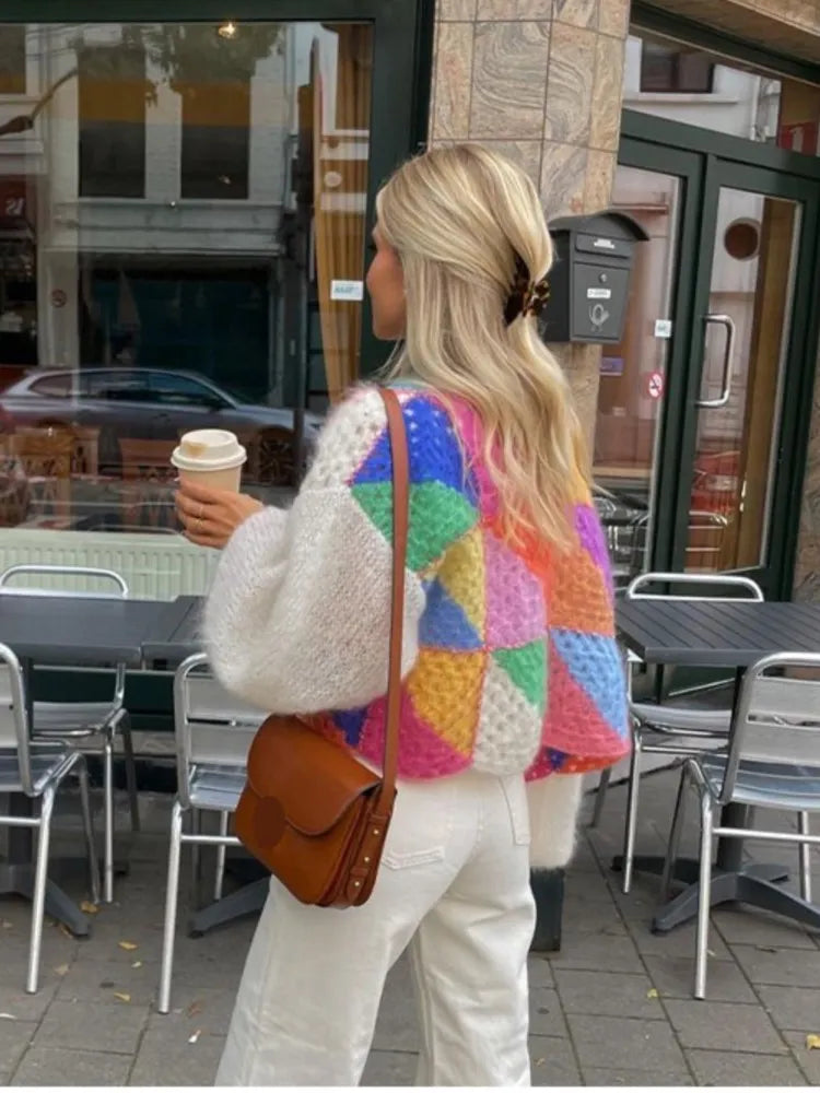 Magdalena | Streifiger, offener Pullover mit Puffärmchen