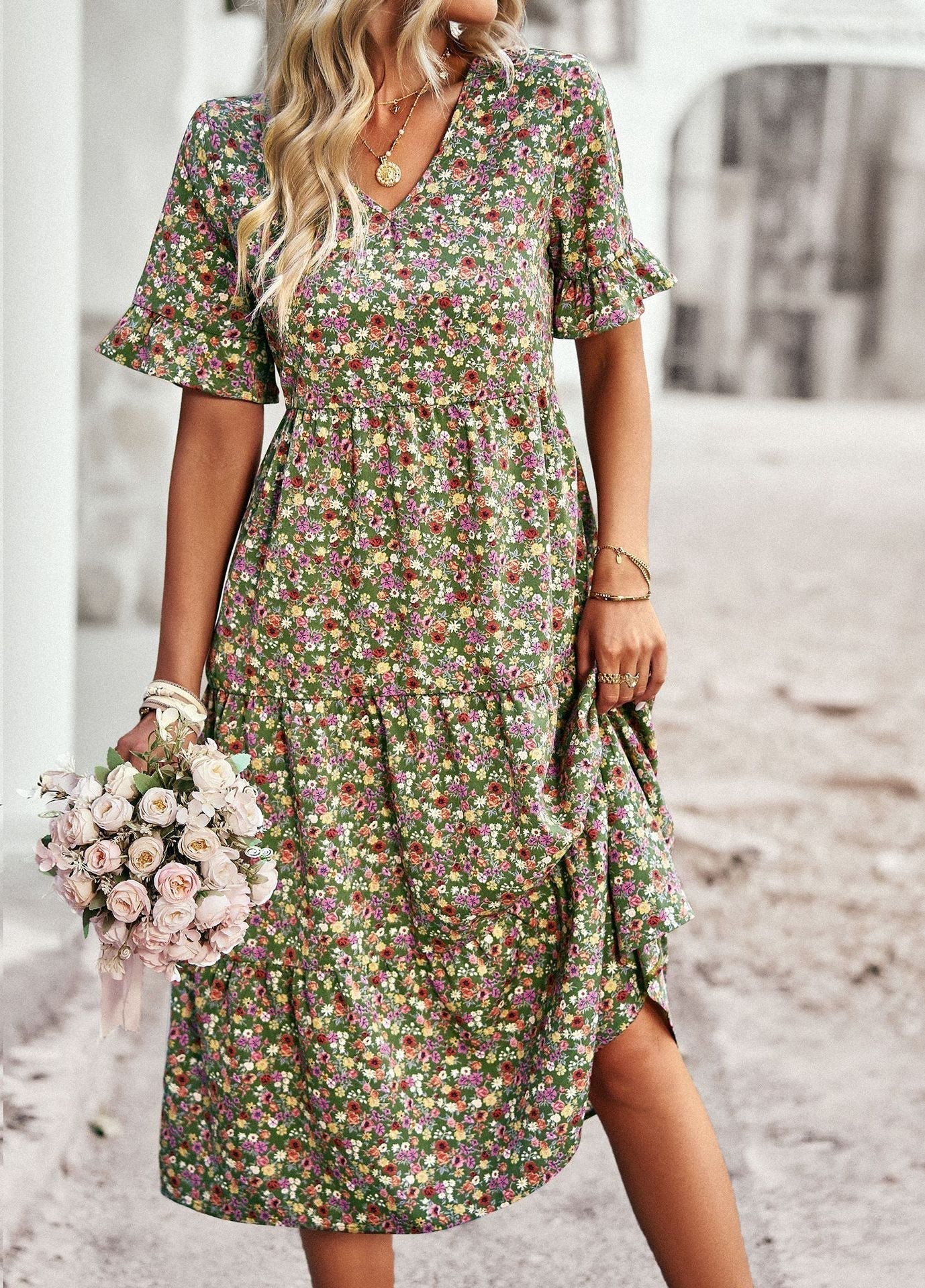 Kathryn - Damen Blumiges Midikleid