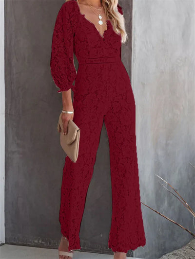 Heidi-Mode | Elegante Damen Spitze Weite Beine Hosen Jumpsuits Einfarbig Lange Ärmel Hohe Taille V-Ausschnitt Blumen Overalls Straßenmode