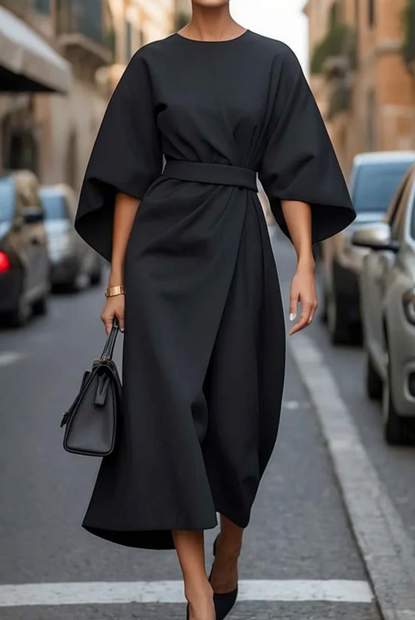 Elegantes Midi-Kleid | Weite Ärmel & Taillengürtel | Zeitlose Eleganz