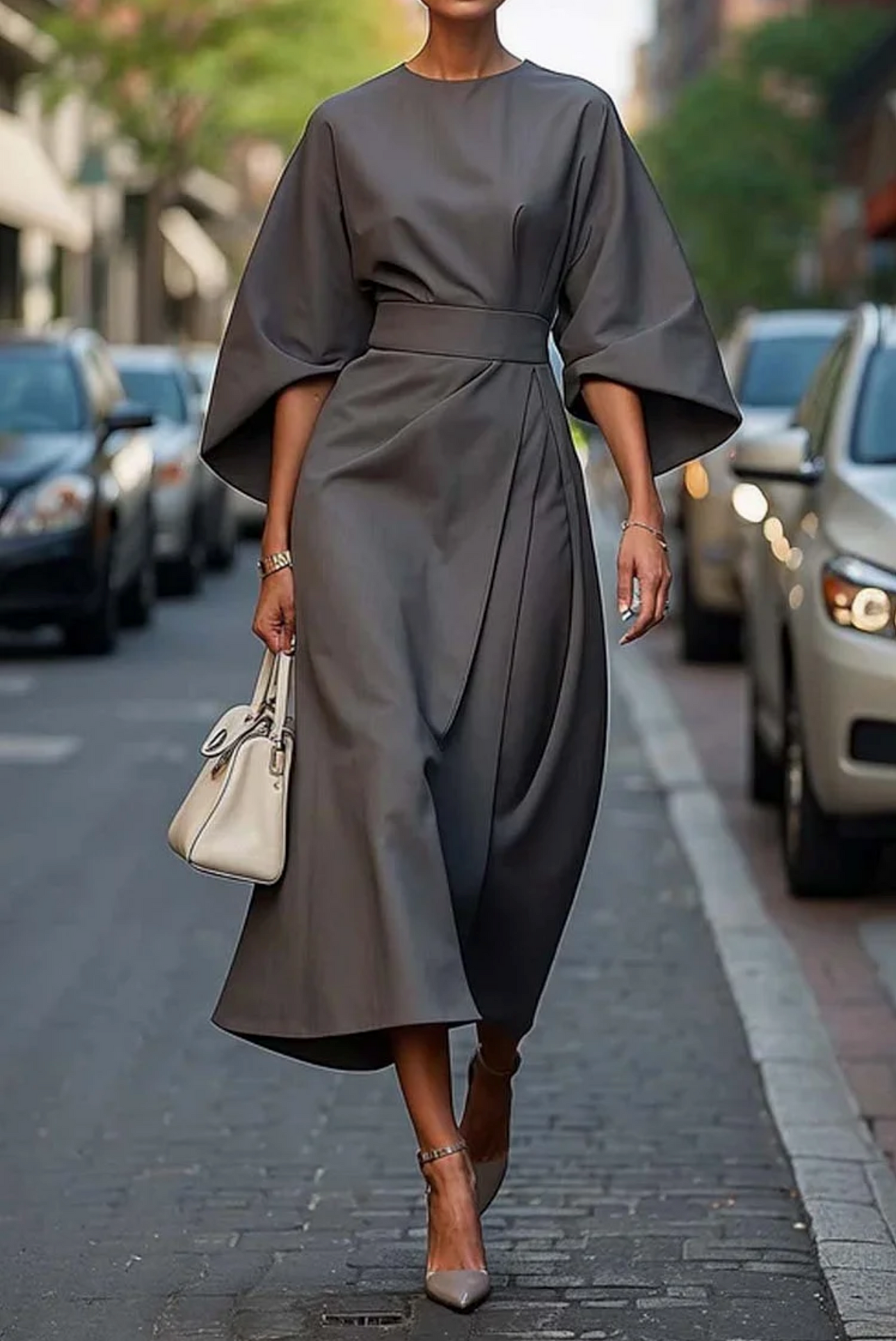 Elegantes Midi-Kleid | Weite Ärmel & Taillengürtel | Zeitlose Eleganz