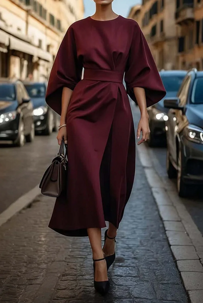 Elegantes Midi-Kleid | Weite Ärmel & Taillengürtel | Zeitlose Eleganz
