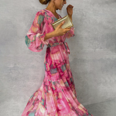 Evelyn - watercolor dream maxikleid mit v-ausschnitt und langen armeln