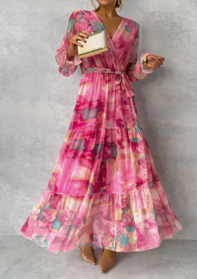 Evelyn - watercolor dream maxikleid mit v-ausschnitt und langen armeln