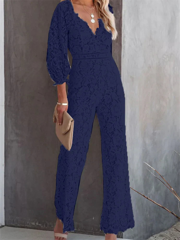 Heidi-Mode | Elegante Damen Spitze Weite Beine Hosen Jumpsuits Einfarbig Lange Ärmel Hohe Taille V-Ausschnitt Blumen Overalls Straßenmode