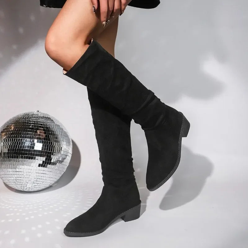 Kniehohe Stiefel | Veloursoptik | Geraffter Schaft