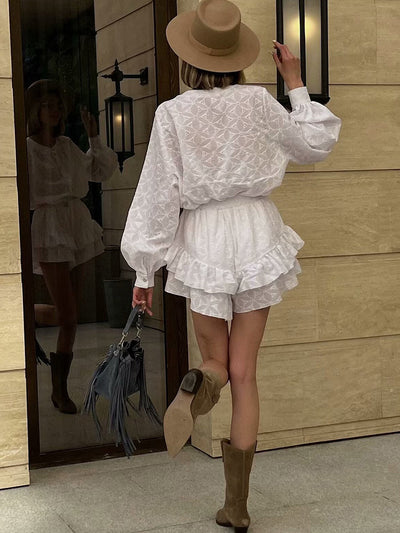 Leonie | Weiße Langarmbluse und Shorts im Set