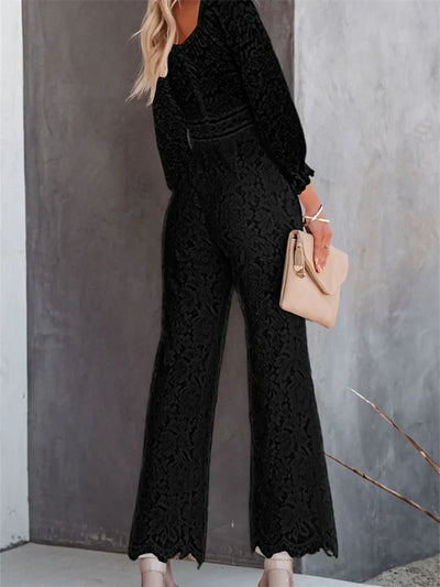 Heidi-Mode | Elegante Damen Spitze Weite Beine Hosen Jumpsuits Einfarbig Lange Ärmel Hohe Taille V-Ausschnitt Blumen Overalls Straßenmode