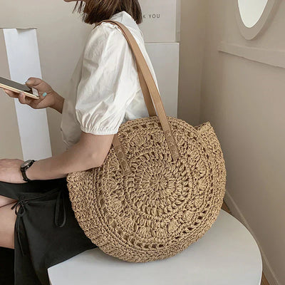 Runde Strohtasche | Handgewebt | Sommerlicher Stil