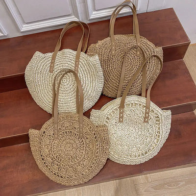 Runde Strohtasche | Handgewebt | Sommerlicher Stil