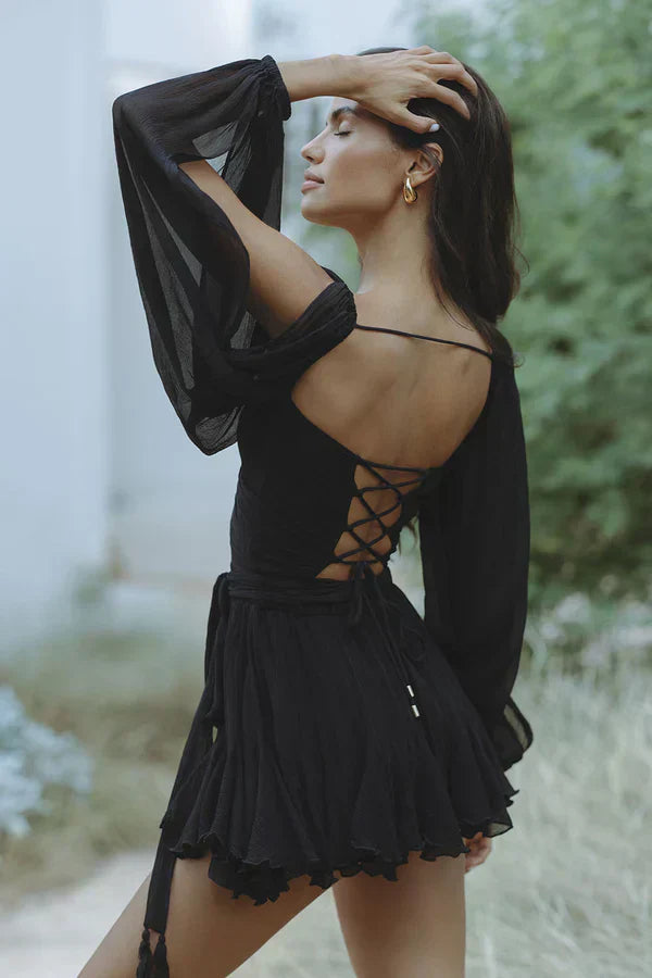 Minikleid mit Wickeloptik | Lange Schlitzärmel | Fließender Rock