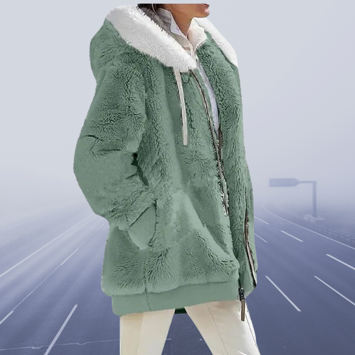 Flauschige Zip-up-Jacke mit Kapuze für Damen