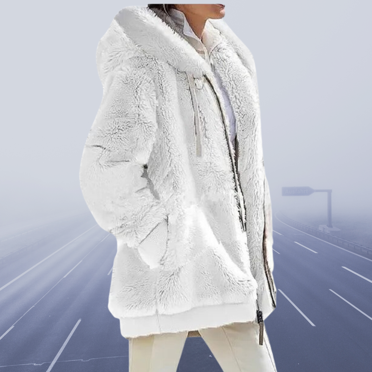 Flauschige Zip-up-Jacke mit Kapuze für Damen