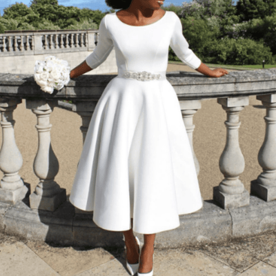 Midikleid mit 3/4-Ärmeln | Ausgestellter Rock | Femininer Rundhalsausschnitt
