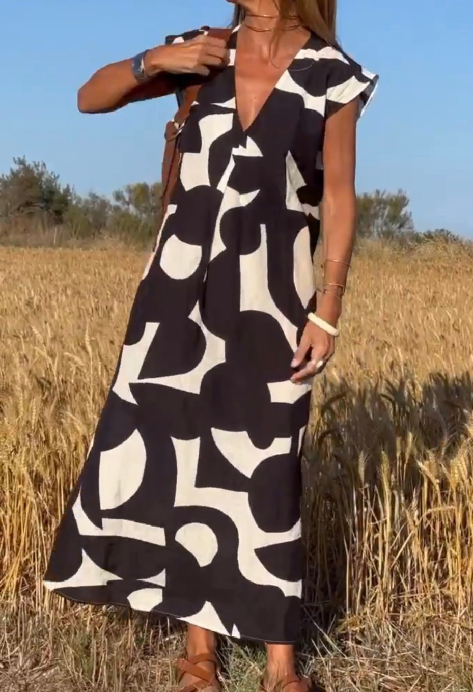 Selena® | Langes bedrucktes Kleid mit kurzen Ärmeln