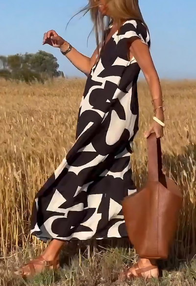 Selena® | Langes bedrucktes Kleid mit kurzen Ärmeln