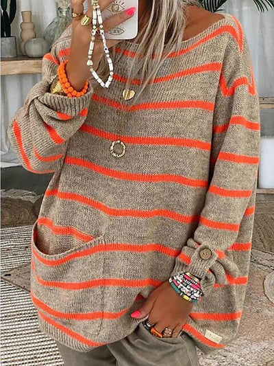 Grobstrickpullover Damen mit Streifen | U Boot Ausschnitt