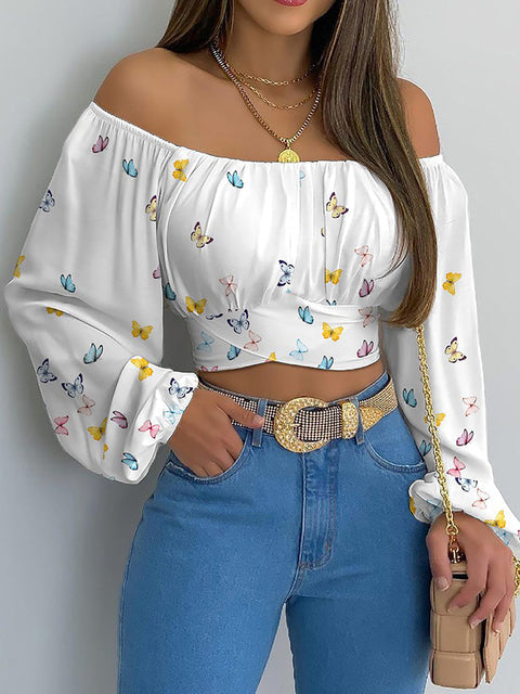 Schulterfreies Crop-Top | Lange Ärmel | Feminine Raffungen