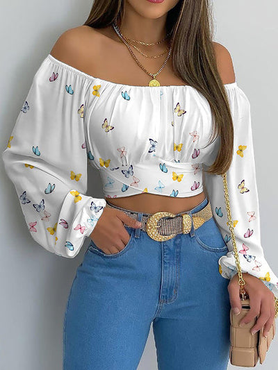 Schulterfreies Crop-Top | Lange Ärmel | Feminine Raffungen