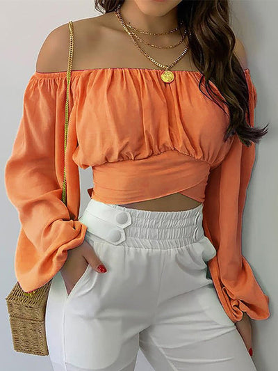 Schulterfreies Crop-Top | Lange Ärmel | Feminine Raffungen