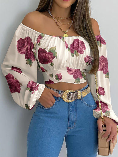 Schulterfreies Crop-Top | Lange Ärmel | Feminine Raffungen