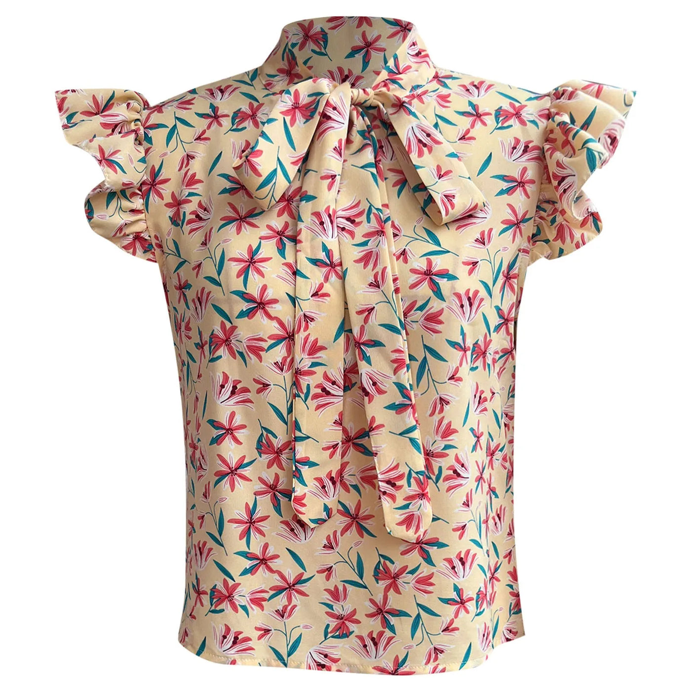 Vacation | Bluse mit Blumenmuster, Rüschenärmeln und Schnürkragen für Damen