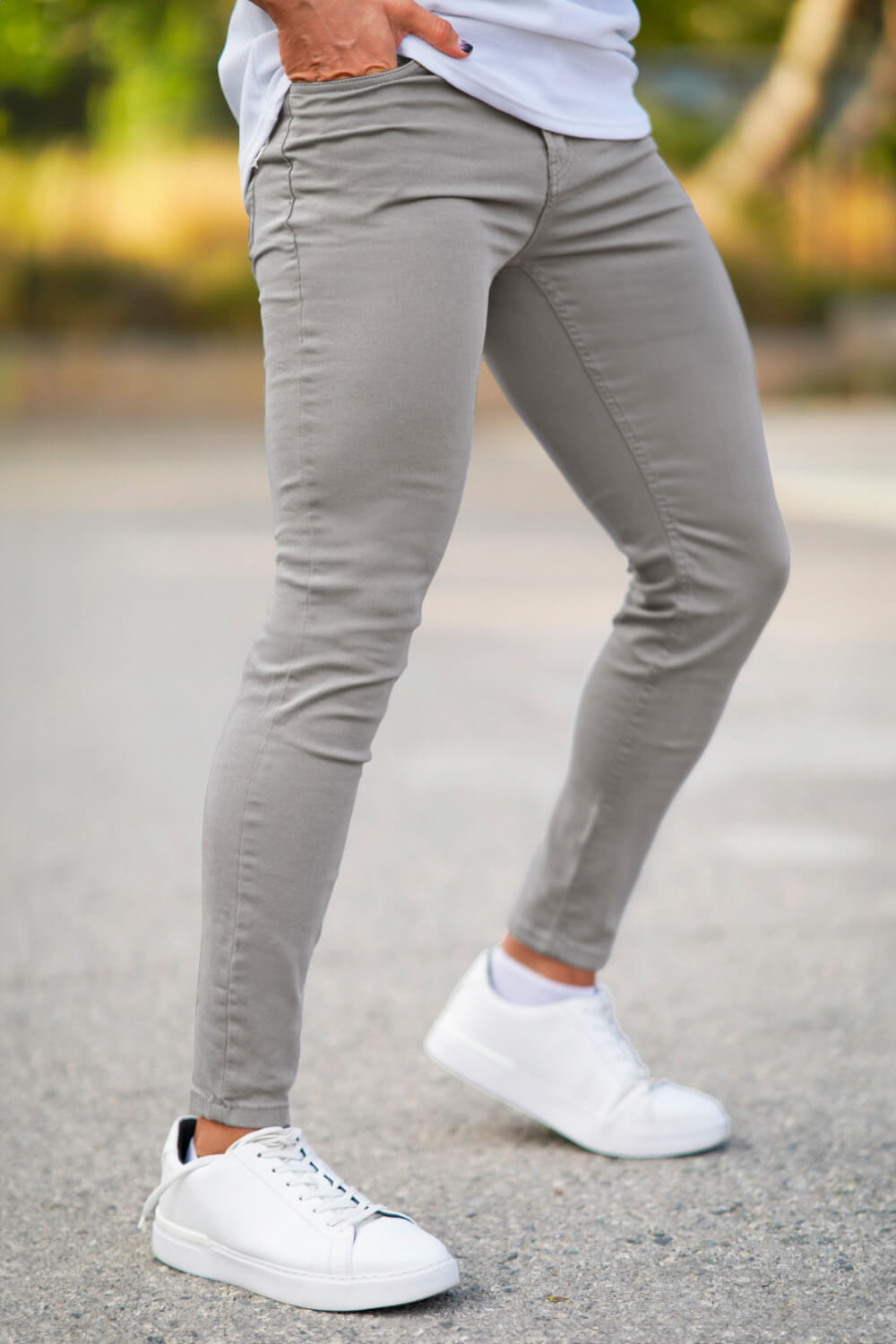 Hellgraue Schmale Herren Stretch Jeans